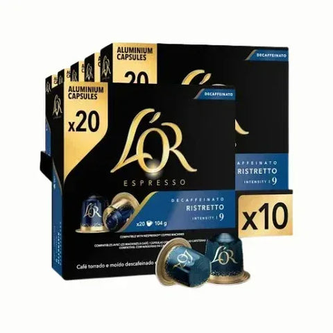 Pack Café L'or Espresso Ristretto Descafeinado 20 Cápsulas Compatibles - 10 Uds - Qumir